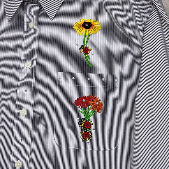 Las Olas Womens Floral Embellished Striped Button Top 1X Plus Artsy Statement - Picture 10 of 10